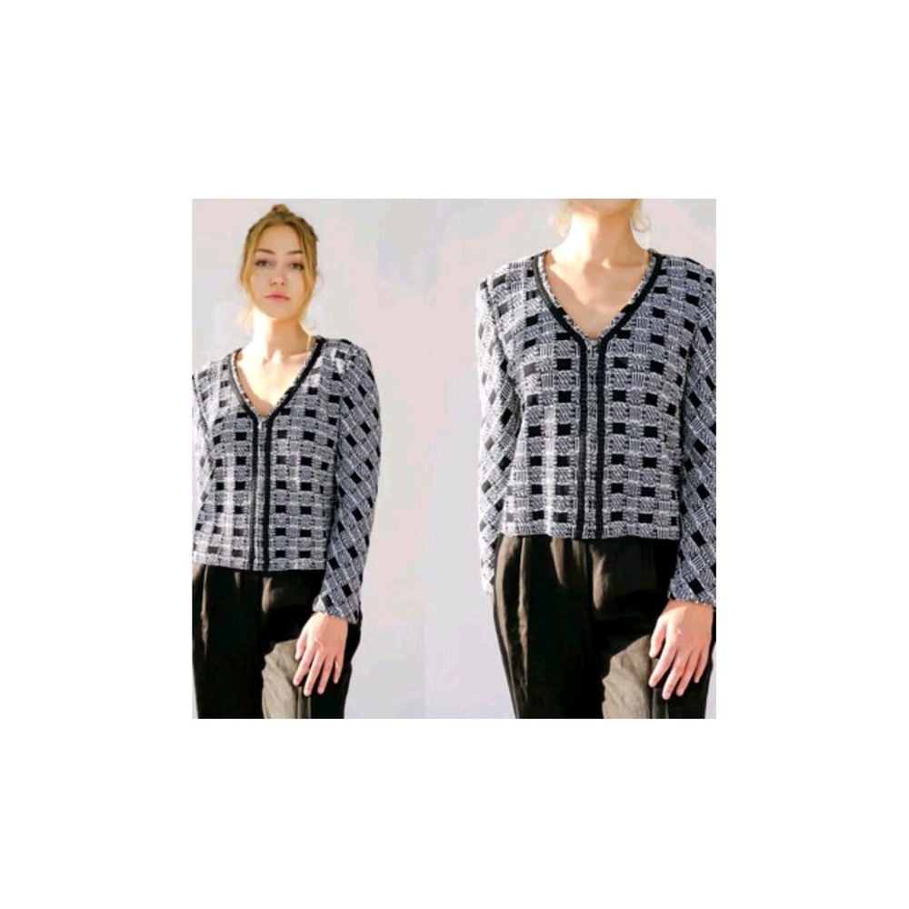 St John Collection Tweed Cardigan Jacket Checks Zip V Neck Size 12 Black White